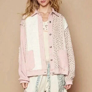 Pink Multi Casual Women's Floral Exposed Seam Button Up Quilted Jacket